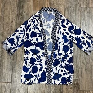 Cabi Floral Kimono Open Front M/L Blue White Patterned Bohemian‎ Chic